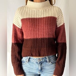 Pink Rose Colorblock Turtleneck Sweater - Cream, Pink, Brown
